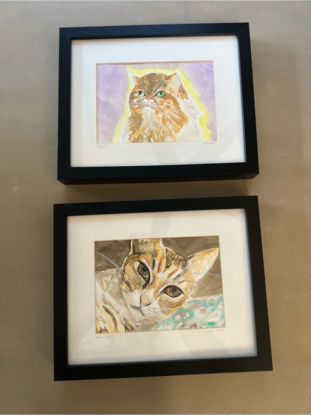Original Watercolor Cat Portraits Laura DeVito Framed “Royalty" & "Brown Eyes”